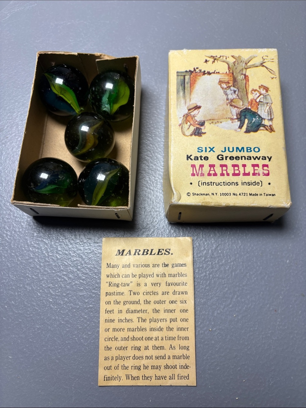 VTG Set of 5 Jumbo 1” Marbles Kate Greenaway Shackman NY Made in Taiwan